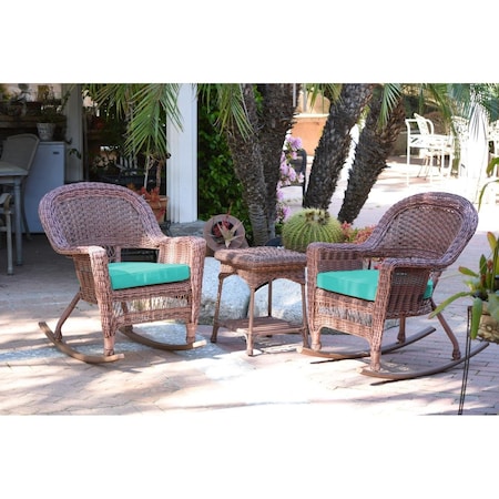Jeco W00205R-C-2-RCES032 Honey Rocker Wicker Chair Set with Turquoise Cushion - 3 Piece W00205R-C_2-RCES032